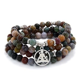 Yoga Charm 108 Mala Zen Buddha Beads Bracelet Necklace for Men or Women (Indian Agate)