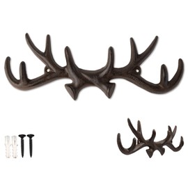 Comfify Vintage Cast Iron Deer Antlers Wall Mounted Hooks | Antique Finish Metal Clothes Hanger Rack w/Hooks for Coats, Jackets, Purses and More | Includes Screws and Anchors | Rust Brown