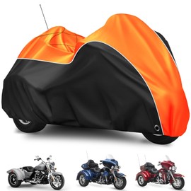 CoukouCover Trike Cover, Trike Waterproof Cover Heavy Duty Sun and Rain Proof Motorcycle Cover with Reflective Strip and Antenna Holes for Harley Honda Yamaha Kawasaki 108 Inch (Black Orange)