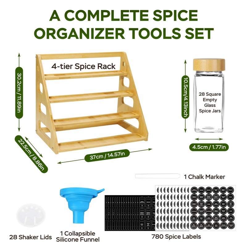 4 Tier Bamboo Spice Rack Organizer with 28 Spice Jars,