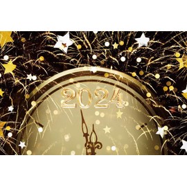 Canessioa Black and Gold Clock Countdown Photography Backdrop 2024 Happy New Year Background Gold Star Firework Shiny Glitter Dots Xmas Eve for Family Party Banner Decor Photo Supplies Prop 10x8ft
