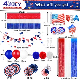 Juego de decoraciones patrióticas del 4 de julio, color rojo, blanco, azul, abanico de papel, pompones, globo, flecos, falda de mesa, banderín de Estados Unidos, banderín, estrella para el día de la