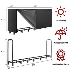 DNKMOR 8FT Firewood Rack with Waterproof Cover,Heavy Duty Firewood Storage Log Holder for Outdoor&Indoor,Fireplace Wood Rack with 600D Oxford Fabric