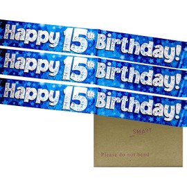 9ft Banner Happy 15th Birthday Blue Holographic Foil Pennant Age 15