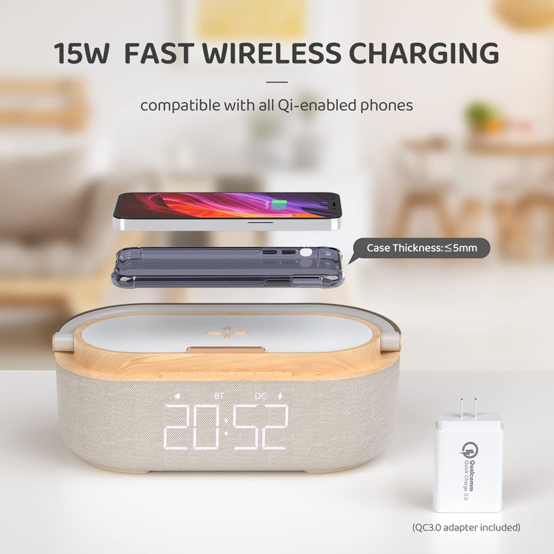 COLSUR Bluetooth Speaker Alarm Clock with Wireless Charger, FM Radio,