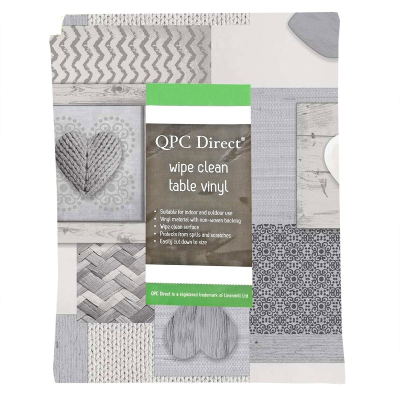 QPC Direct Knitted Hearts Grey PVC Oilcloth Table Cover Vinyl