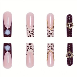 Square Press on Nails Long Fake Nails French False Nails Brown Artificial Nails with Red Flowers Designs Acrylic Nail Press ons LeopardStick on Nails for Women 24pcs