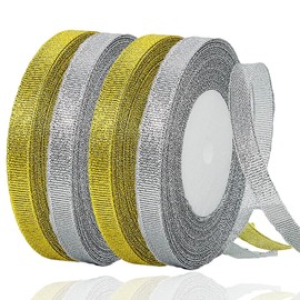 Christmas Ribbon 4 Rolls 100 Yards, 3/8 Inch Gold Silver Glitter Sparkly Ribbon for Christmas Trees Ornaments, Gift Wrapping, Wreath Bows Making, Gift Tags, DIY Crafts and Party Decorations