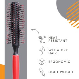 Professional Quiff Roller Round Hair Brush with Red Rubber Grip Handle - Slick Back Hair Brush, Curly Hairs Brush Ideal round hair brush for men and Barbers
