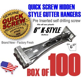 Quick Screw 6" inch Aluminum Hidden Rain Gutter Bracket Hook Clip Style Hangers with pre Inserted 3" Long ¼" hex Head self Drilling Screw (100 Per Package)