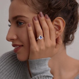 RANDES Sapphrie Rings for Women Pear Shaped Engagement Ring 925 Sterling Silver Blue September Birthstone Ring Size 8