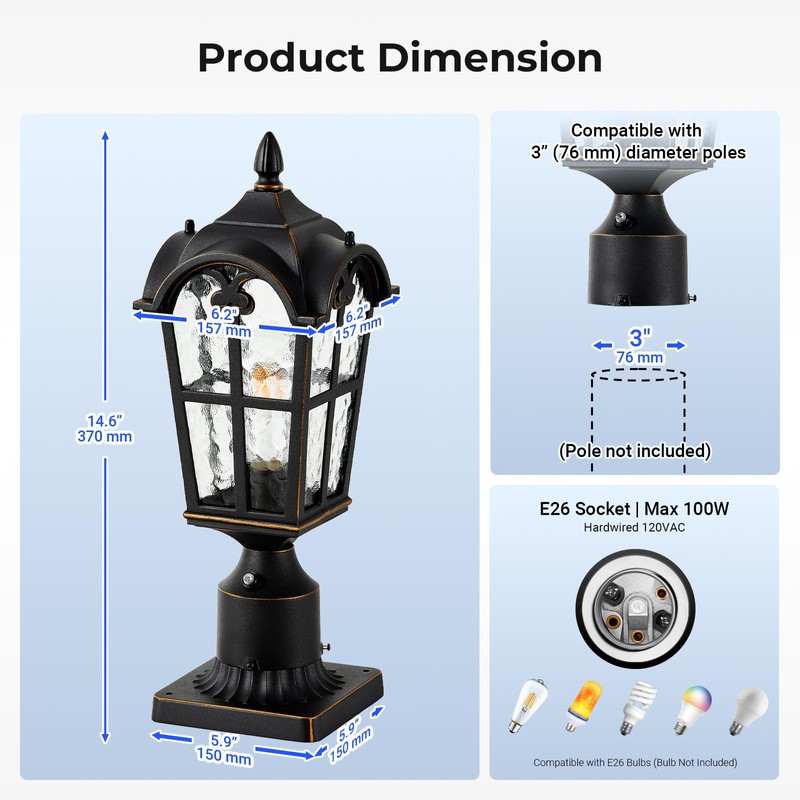 VIANIS Outdoor Post Lights 2 Pack, Black Dusk to Dawn