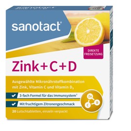 sanotact Zinc + C + D (20 Lozenges) • Zinc Tablets with Vitamin C & Vitamin D3 • Triple Formula for Immune System • Immune Vitamins • Fruity Lemon Flavour