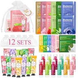 LFENYIGI 72 piezas de regalos a granel para mujeres, mascarillas faciales a granel, bálsamos labiales, cremas de manos y parches para el contorno de o