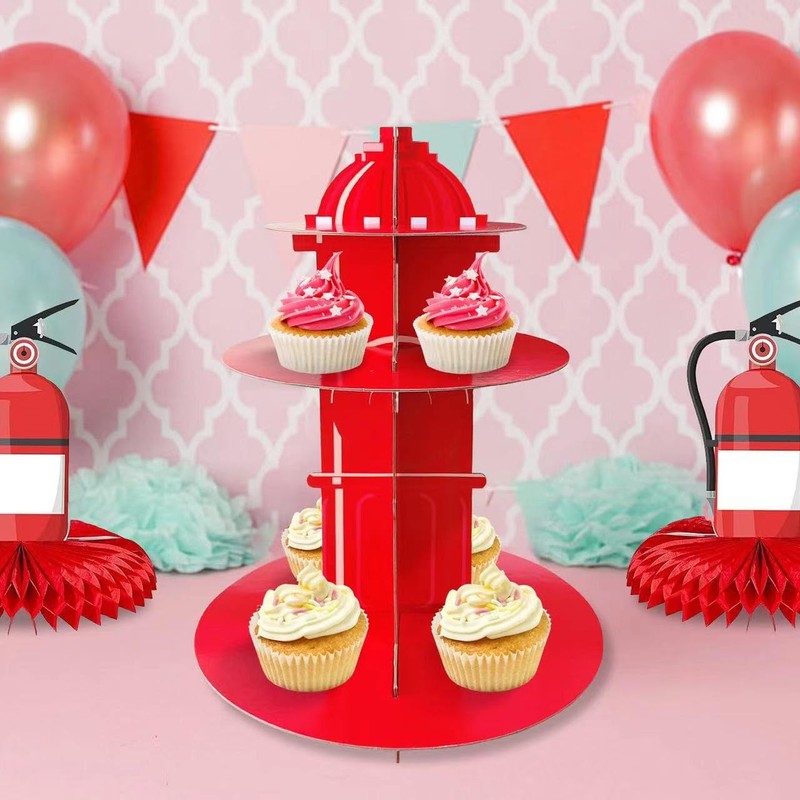 2 Pcs Fire Hydrant Cupcake Stand,3 Tier Sturdy Cardboard Firefighter