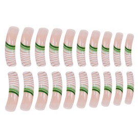 Curved Nail French Tip Press on Nails Green White Fake Nails Stripe False Nails with Designs Glossy Glue on Nails Long Nail Press ons Acrylic Full Cover Stick on Nails for Women Girls Manicure 20Pcs