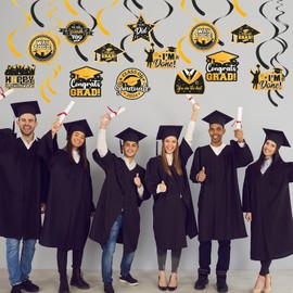 20 Pack Graduation Party Decorations 2024 - Congrats Grad Hanging Decoration, Black Gold Glittery Graduation Hanging Swirls Ceiling Streamers Ornaments for Class of 2024 Graduation Decorations Favors