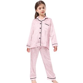 Schbbbta Satin Pajamas Sets for Girls, 2 Pcs Sleepwear Silk Button-Down Pj Set Loungewear, Bright Pink Leopard, 7-8 Years = Tag 140