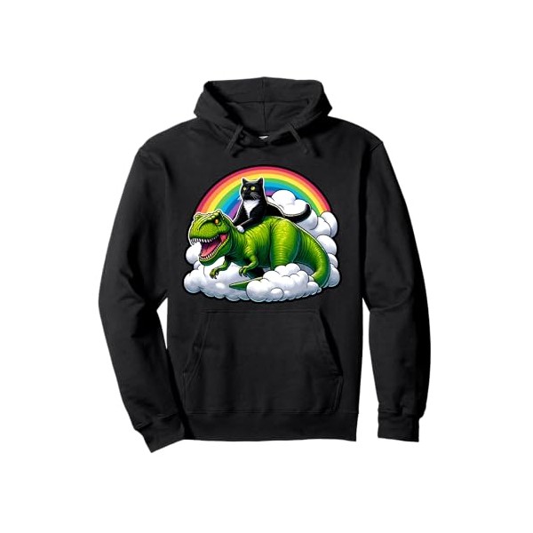 Black Cat Riding Dinosaur T Rex Rainbow Clouds Funny Pullover