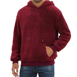 PEGENO Mens Fuzzy Sherpa Hoodie Pullover Sweatshirts Loose Cozy Pocket Long Sleeve Winter Hooded Outwear（Wine Red Small）