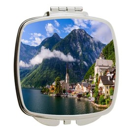 Island Gifting - Hallstatt mountain village, Austrian Alps Design - Square Compact Mirror - Travel Mirror