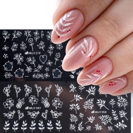White Flowers 3D Self-Adhesive Floral Nail Decals - Retro Hollow Flower Leaf Nail Art Designs - 12 Styles
