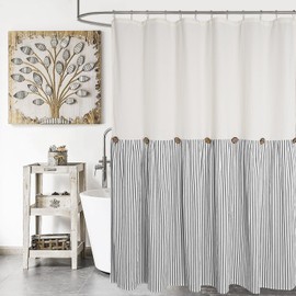 DOSLY IDÉES Farmhouse Shower Curtain,Beige and Black Striped,Button Curtain,Spa Waffle and Cotton Woven Fabric,Rustic Charm Country Chic Style,72x78 in