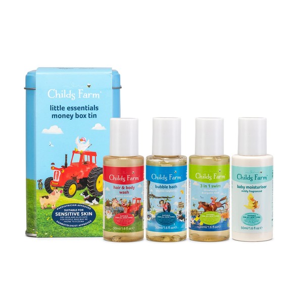 Childs Farm | Baby Little Essentials Money Box Tin | Baby Bedtime Bubbles 50ml, Baby Moisturiser 50ml, Baby Wash 50ml and Nappy Cream 15ml |Suitable for Dry, Sensitive and Eczema-Prone Skin