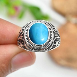 JEWELSTREZORO Turqouise Lab Grown Gemstone Band Ring Men And Women Ring Sterling Silver Band Ring All Size Gift Item Jewelry TSR1221BT_37 (Z+1)