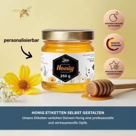 Honig Etiketten 250 g rechteckig selbst gestalten – ab 25 Stück – Honig Aufkleber personalisierbar, selbstklebend, ablösbar – Honigetiketten für Honiggläser – Bauchetiketten – (HONIG - 250 g - RE4)