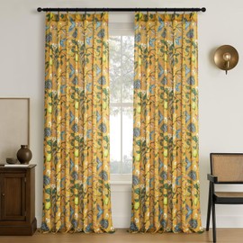 Drapenova Linen Pinch Pleated Sheer Curtains Mustard Yellow Vintage Floral Curtains 90 Inches Long for Living Room Luxury Whimsical Lemon Hummingbird Patterned Waverly Mid Century Drapes 2 Panels