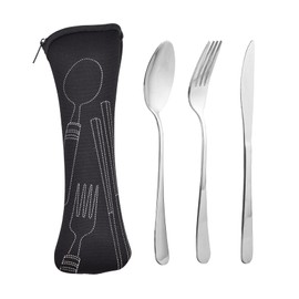 Travel Cutlery Set with Case, Camping Utensil Set Stainless Steel Travel Utensils Set with Case, Silverware Portable Utensil Set for Lunch Box School Picnic or Daily Use (Black)