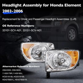 Misakomo Headlight Assembly - Chrome Housing Headlamps Compatible with Honda Element 2003-2006 - Halogen Headlight Replacement for HO2518106, HO2519106, 33101SCVA01, 33151SCVA01 - w/o Bulbs