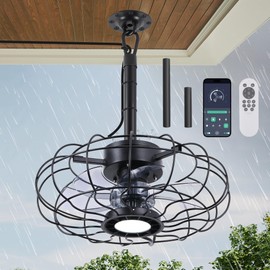 15" Outdoor Ceiling Fan with Light, with Remote and App Remote, IP65 Waterproof Gazebo Hanging Fan, 3CCT Dimmable, Portable Plug in Ceiling Fan with Cord Hook for Patio Porch Pergola Indoor(Black)