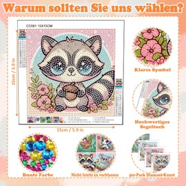Set of 4 Diamond Painting Children's Animals, Sloth Koala Unicorn Raccoon Diamond Painting Pictures Children, Animals Diamond Art for Kids from 4 6 8 10 12 Years (15 x 15 cm)