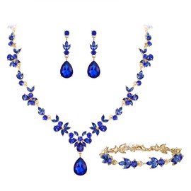 BriLove Wedding Jewelry Set for Women Bride, Y-Necklace Tennis Bracelet Dangle Earrings Set Crystal Teardrop Marquise Cluster Jewelry for Bridal Bridesmaid Blue Gold-Tone