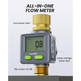 RAINPOINT Water Flow Meter with Brass Inlet & Outlet, 180° Screen-Flip Water Meter, Measure Gallon/Liter Consumption for RV Filling, Garden Watering, Sprinkler and Hoze Nozzle