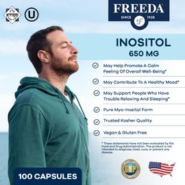 FREEDA Pure Inositol Capsules - 650 mg Inositol Supplement from Myo-Inositol - Mood and Calm Support - Vegetarian and Kosher Certified Vitamin B8 (Inositol) Supplements - Made in USA - 100 Count