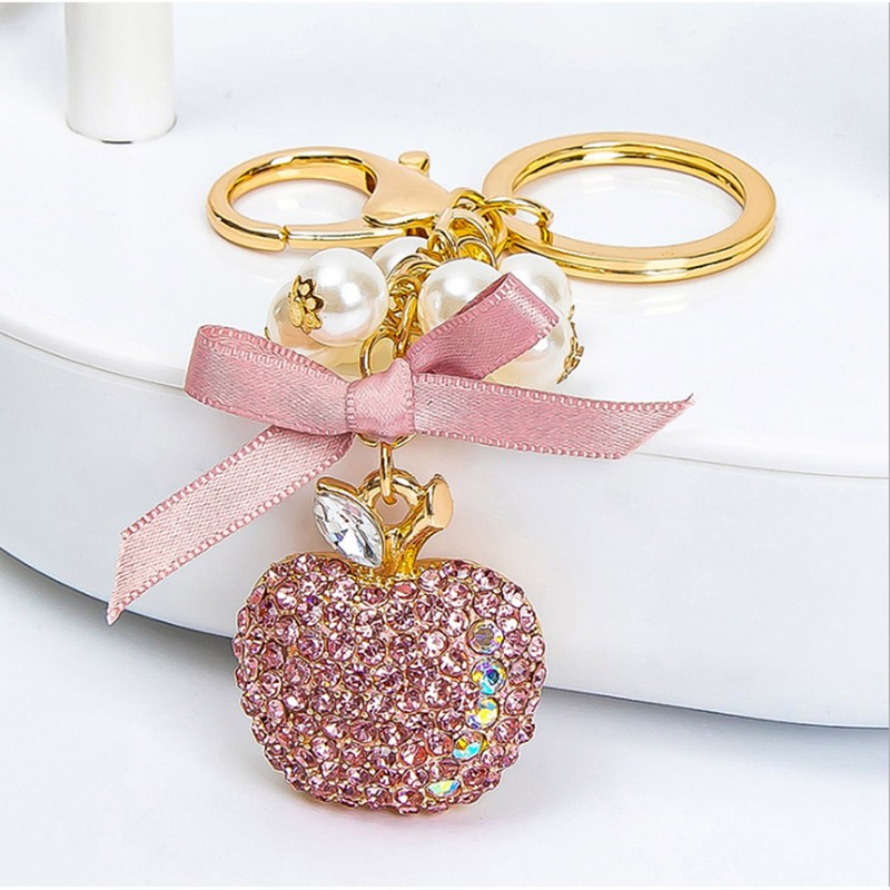 2Pcs Keychain Pendant Pearl DiamondStudded Fruit Shape Key Ring Girl
