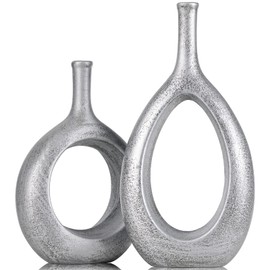 Vintage Silver Ceramic Vase Set 2,Modern Hollow Circle with Hole Flower Vase for Home Decor,for Table Centerpieces,Farmhouse,Fire Place,Living Room,Bedroom,Office,Bookshelf,Rustic Decor