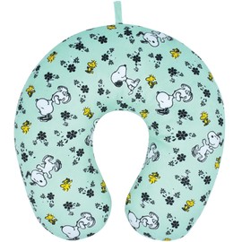 Concept One Peanuts Snoopy and Woodstock Flowers Portable Travel Neck Pillow, Mint Green