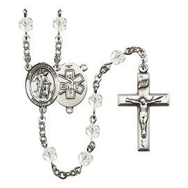 Guardian Angel/EMT Silver-Plated Rosary 6mm April Crystal Fire Polished Beads Crucifix Size 1 3/8 x 3/4 medal charm