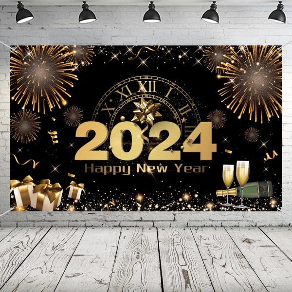 New Year's Eve Banner Decoration 2024, Extra Large Fabric Happy New Year Backdrop for Decorations, 72 x 44 Inch Black Gold Fireworks Photo Booth Background Poster for New Year Party Supplies