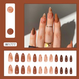 Almond Fake Nails Medium Press on Nails Snake with Cross Design Nude False Nails Artificial Acrylic Nails Glossy Full Cover Glue on Nails (Style 24, Medium)