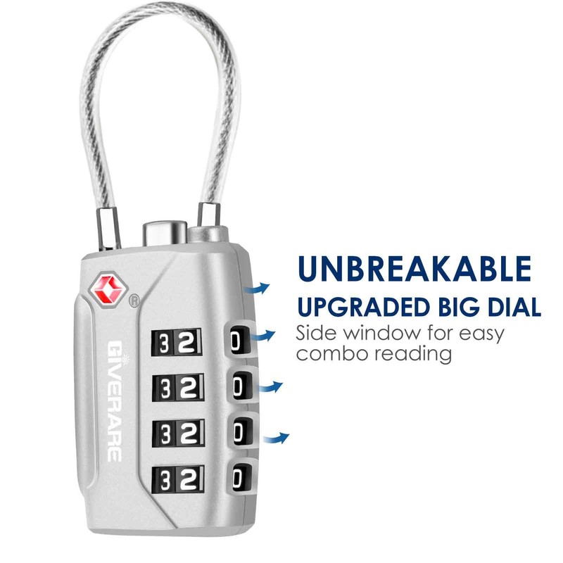2 Pack TSA Approved Travel Luggage Locks, 4-Digit Metal Cable