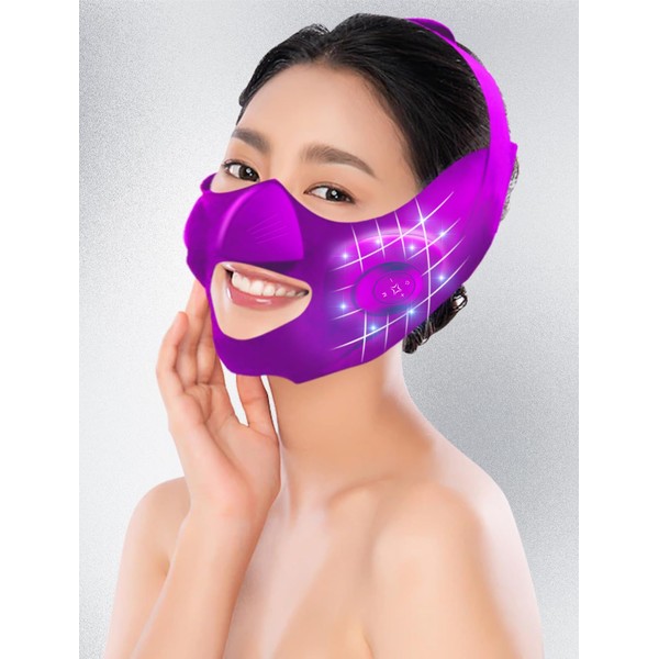 ZKOEE Facial Beauty Device, EMS Face Belt, Sauna Mask, V Face, Home Esthetics, USB Rechargeable, Unisex Sharing, High Elasticity, Remote Control Included (Purple)