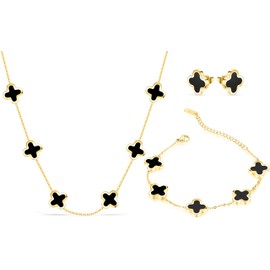 Four Leaf Clover Necklace Bracelet Earring Set for Women | 18K Gold Plated 4 Leaf Lucky Jewelry (Black Gold)