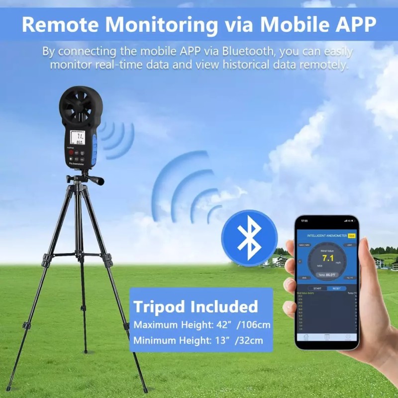 HoldPeak 휴대용 풍속계 블루투스 삼각대 디지털 HVAC 야외 요트 사격