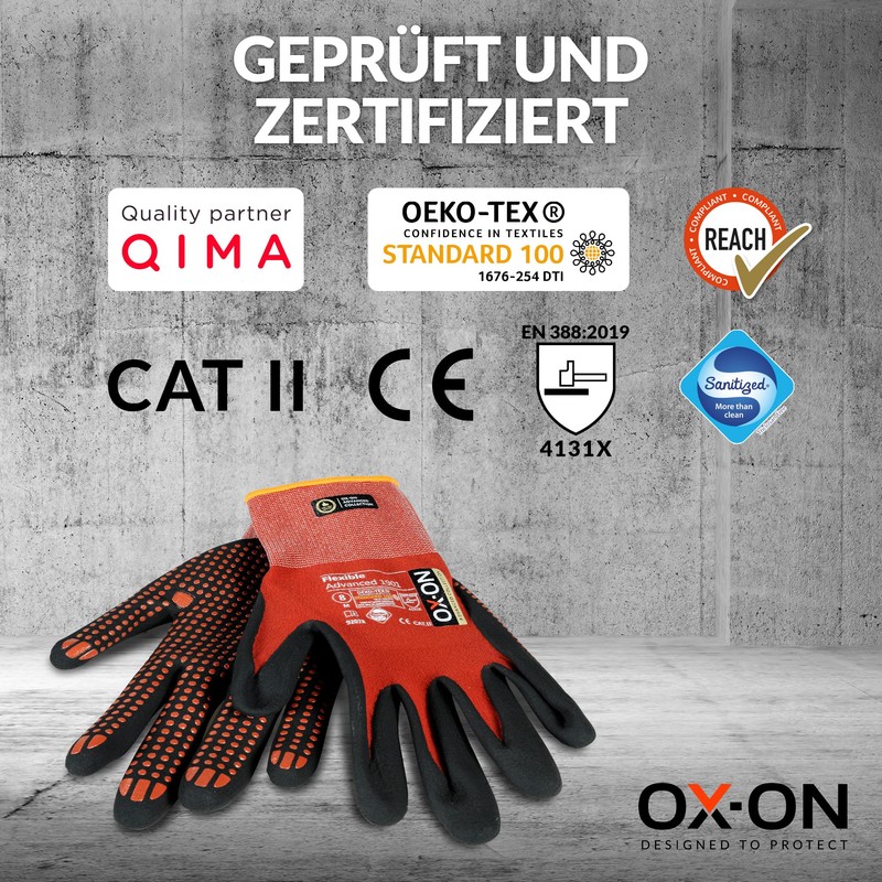 OX-ON Flexible Advanced 1901 Red Work Gloves, Extremely Durable Safety