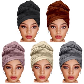 ZRQ 5 Pieces Stretch Headwrap Scarf Jersey Turbans for Women Fashion Headwear Boho Extra Long Scarf Soft Breathable Easy Knot Hijab Tie (Black,Coffee,Beige,Leather powder,Dark Grey)
